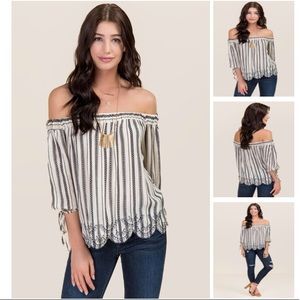 Francesca’s Striped Embroidered Off The Shoulder